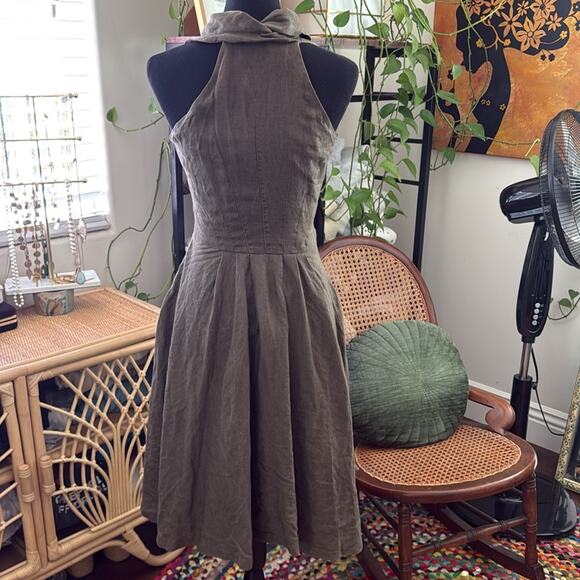 Zara Taupe Linen Sleeveless Cowl Neck Fit & Flare Dress - Picture 2 of 5